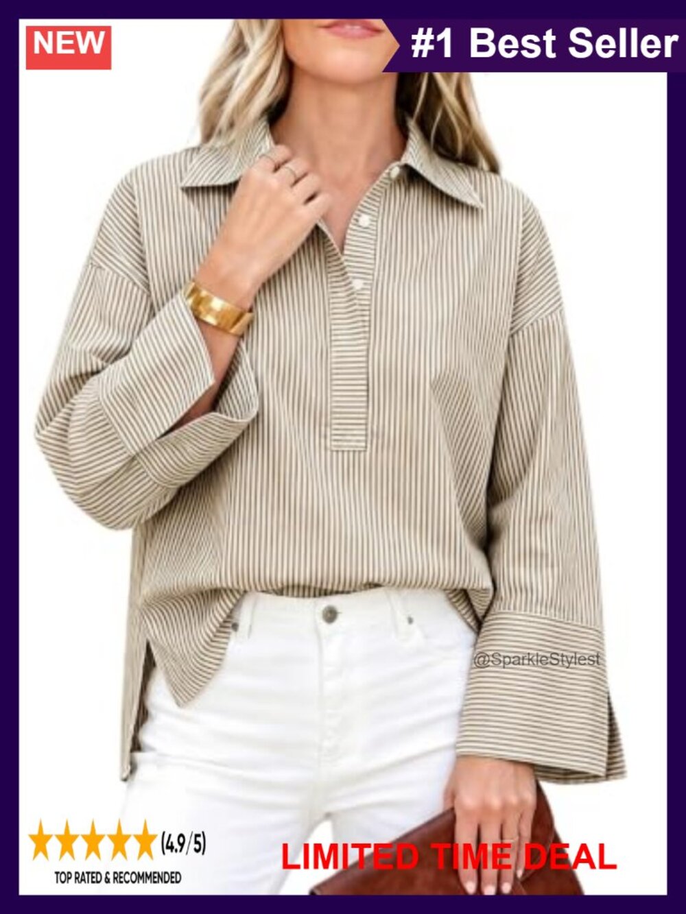 Women Oversized Striped Button Down Henley Shirt Bell Sleeve Blouse